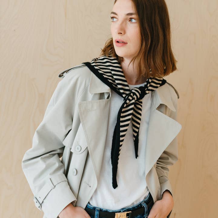 Tbco Merino Wool Triangle Scarf in Black and White Stripe