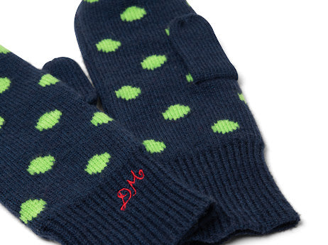 Damson Madder string mittens in Lime Mint Dot