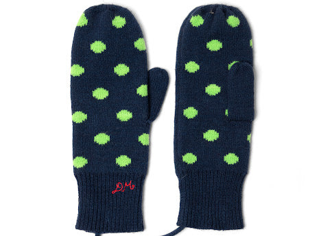 Damson Madder string mittens in Lime Mint Dot