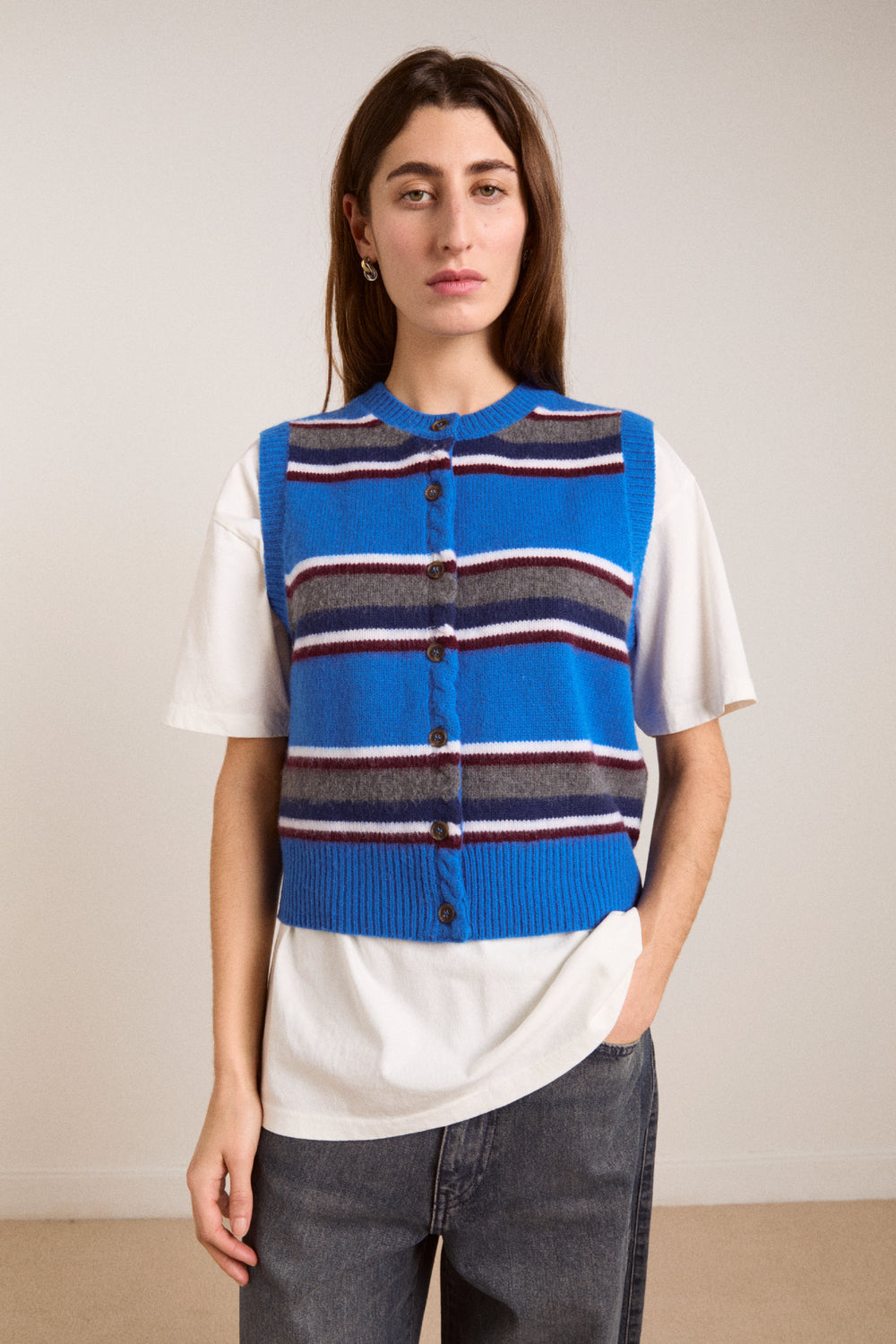 Damson Madder Sofie Merino Wool Vest in Blue Stripe